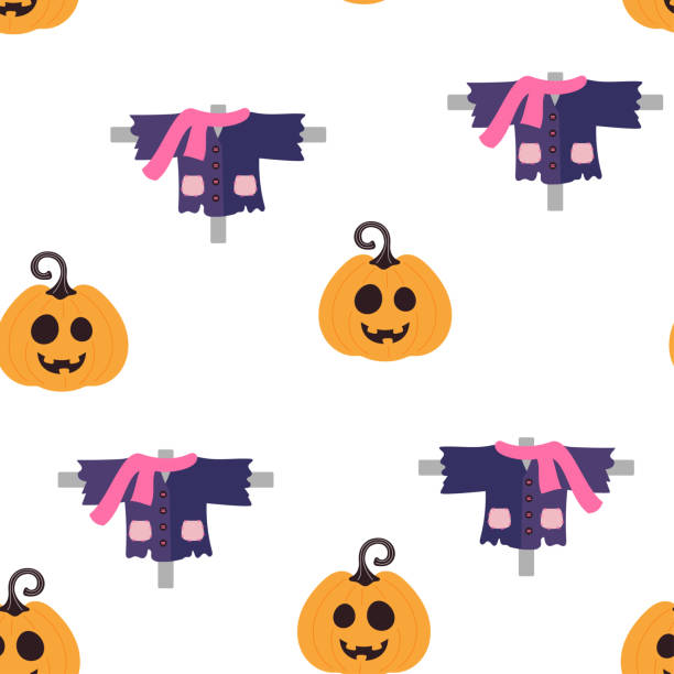 хэллоуин векторный бесшовный узор с пугалами на белом - child autumn scarecrow decoration stock illustrations