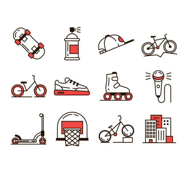 векторные иконы субкультур уличной молодежи. - skateboard skateboarding outdoors sports equipment stock illustrations