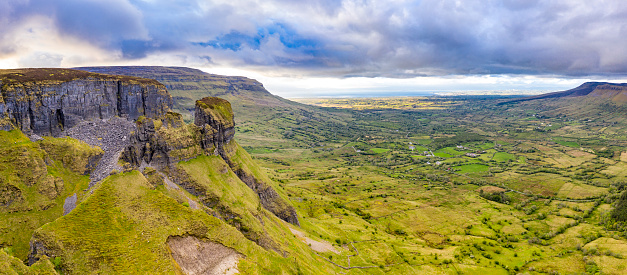 Aerial view of rock formation located in county Leitrim, Ireland called Eagles Rock.