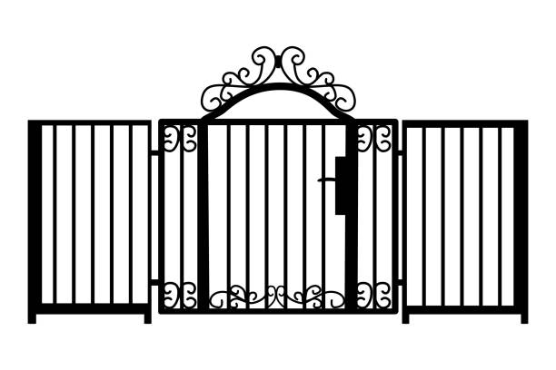 istock Decorative cast iron wrought fence silhouette with artistic forging isolated on white background. 1427232524