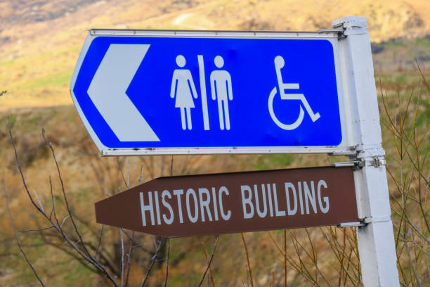 Historic Toilets Road sign directing tourists to an historical building in the town of Cardrona in the South Island.  Another sign directs tourists to toilets.  This image was taken at sunset in early Spring. historic building stock pictures, royalty-free photos & images
