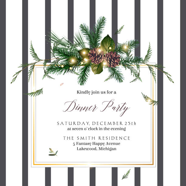 Emerald christmas greenery, spruce, fir, cedar, pine cones vector striped frame Emerald christmas greenery, spruce, fir, cedar, pine cones vector striped frame. Winter wedding or new year party invitation border. Simple watercolor style. Illuminated garland Isolated and editable black and white party stock illustrations