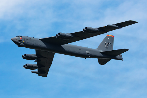 Zeltweg, Austria - September 3, 2022: US Air Force Boeing B-52 Stratofortress strategic bomber plane at air base. Military aircraft. Aviation industry. Fly and flying.
