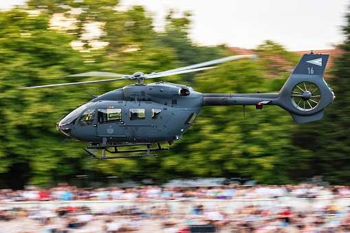 Szolnok, Hungary - August 20, 2021: Hungarian Airbus Helicopters H145M military transport helicopter at air base. Air force flight operation. Aviation and Air defense. Military industry. Fly and flying.