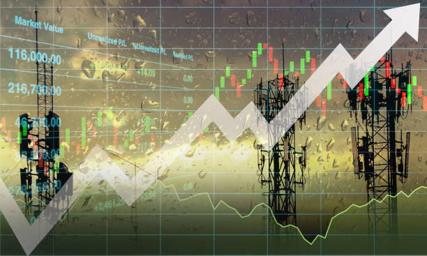 istock Silhouette of three communication poles on rainy day twilight sky with graph and chart for stock financial index and technology business advertising background. 1427233670