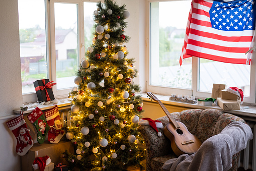 American flag and christmas tree background