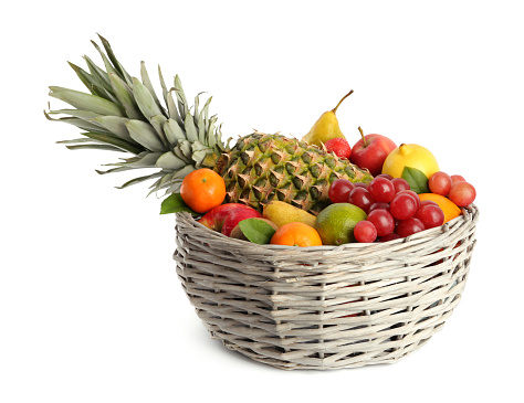fruit basket in tropical surrounding.