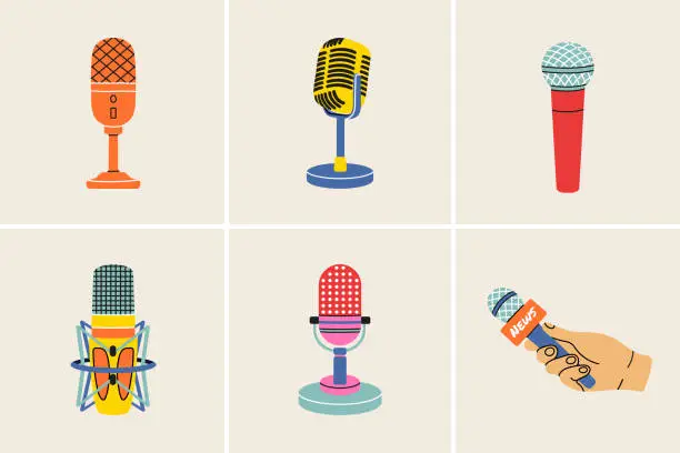 Vector illustration of Microphone clip art set in modern flat line style. Hand drawn vector illustration of mouthpiece, transmitter, mike, karaoke, studio misc, mic. Music sound vintage equipment, retro elements, icons.