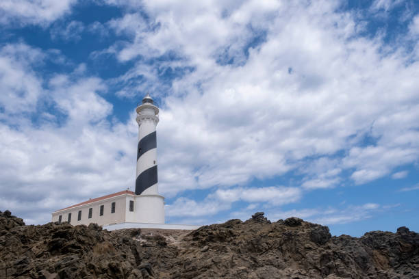 istock Favaritx lighthouse with its tower painted with a blue and white spiral on a rocky cliff, with the sky of cotton clouds, low point of view, copy space, horizontal 1427235197
