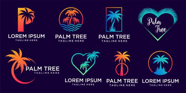 ilustraciones, imágenes clip art, dibujos animados e iconos de stock de palmera con diseño de playa y diseño de logotipo de isla tropical - lugar turístico