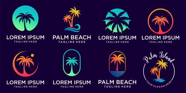palme mit stranddesign und tropischem insellogo-design - idylle stock-grafiken, -clipart, -cartoons und -symbole