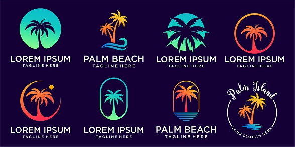palm tree with beach design and tropical island logo design