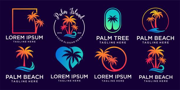 palm tree with beach design and tropical island logo design