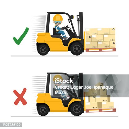 istock Safety in handling a fork lift truck. Make sure the load is properly stacked. Security First. Prevention of accidents at work. Industrial Safety and Occupational Health 1427236129