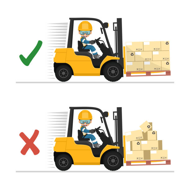 Safety in handling a fork lift truck. Make sure the load is properly stacked. Security First. Prevention of accidents at work. Industrial Safety and Occupational Health Safety in handling a fork lift truck. Make sure the load is properly stacked. Security First. Prevention of accidents at work. Industrial Safety and Occupational Health safety first stock illustrations