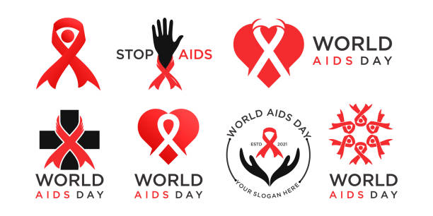 ilustraciones, imágenes clip art, dibujos animados e iconos de stock de conjunto de iconos vectoriales de diseño de logotipos de sida. conjunto de señales de alto. cintas rojas. día mundial 1 de diciembre. - world aids day