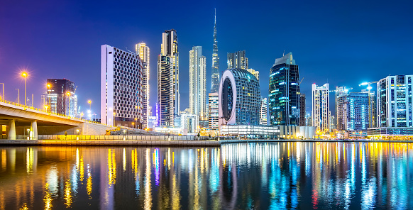 Dubai Business Bay area and night city scenic skyline, United Arab Emirates