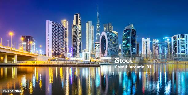 Dubai City Colorful Skyline At Night Uae Stock Photo - Download Image Now - Dubai, Landscape - Scenery, United Arab Emirates