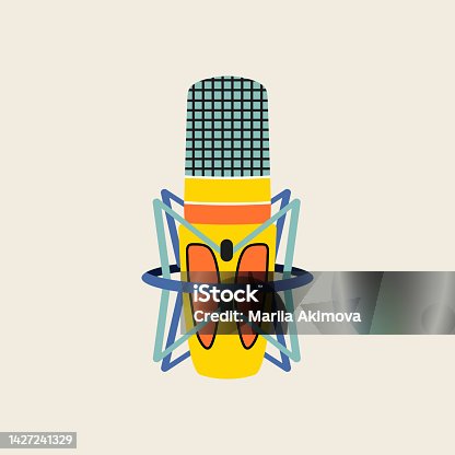 istock Studio microphone clip art in modern flat line style. Hand drawn vector illustration of mouthpiece, transmitter, mike, podcast, broadcast studio misc, mic. Music vintage equipment, retro element. 1427241329