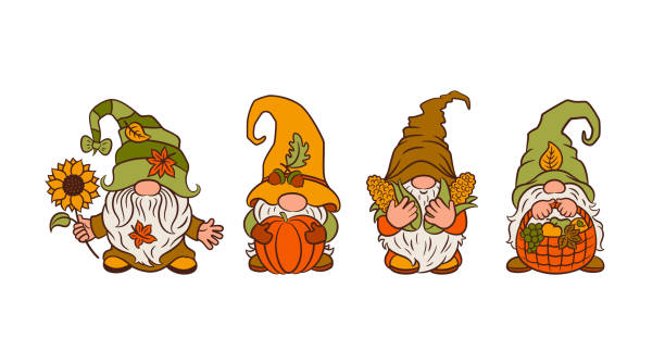 Cute fall gnomes set autumn harvest  clipart. Cottagecore garden theme. Sunflower, corn, vegetable basket. Funny nordic gnomes isolated on white background. Gnome stock illustrations