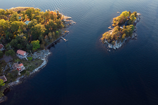 Houses and summer cottages in islands of the Stockholm archipelago in Sweden.