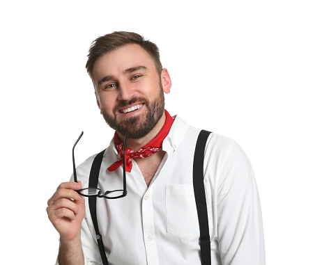 Waiter with the plate on a gradient background