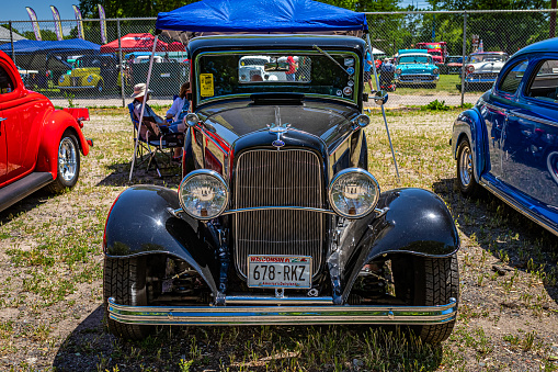 Falcon Heights, MN - June 18, 2022: High perspective front view of a 1932 Ford 5 Window Coupe at a local car show.