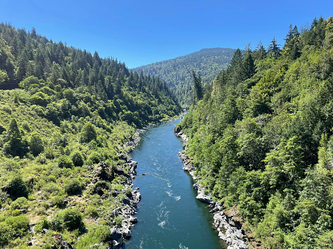 The Klamath River flows through Oregon and Northern California. Beautiful sunny day, view from above.
