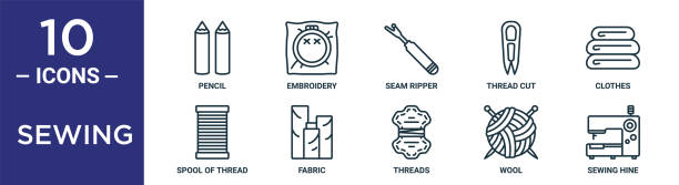 ilustrações de stock, clip art, desenhos animados e ícones de sewing outline icon set includes thin line pencil, seam ripper, clothes, fabric, wool, sewing hine, spool of thread icons for report, presentation, diagram, web design - embroidery seam shirt sewing