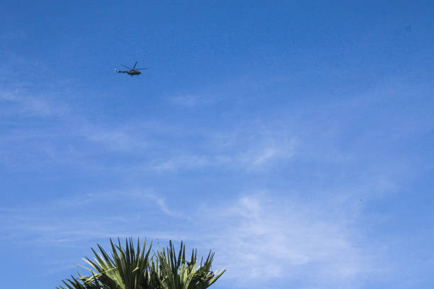 This picture shows that a Myanmar military helicopter flying in the sky above Salin, Magway on 15 August 2022.