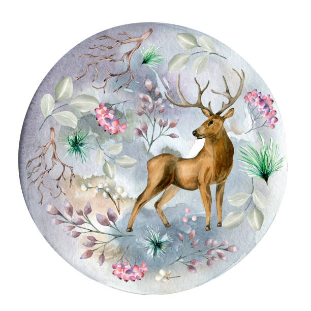 istock Circle frame of winter plants and deer watercolor illustration isolated on white. 1427249902