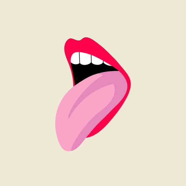 istock Open female human mouth with tongue, teeth in modern flat, line style. Hand drawn vector illustration of lips, open mouth sticking out, sexy tongue, passion, tasty. Fashion patch, badge, emblem 1427250302