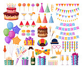 istock Cartoon Birthday party decorations, festive HB elements. Happy birthday cake, balloons, candles, garlands and sweets flat holiday vector illustrations set. Carnival party celebration collection 1427251668