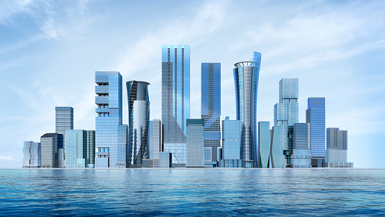Modern city skyline of skyscrapers district downtown in day. 3d  illustration