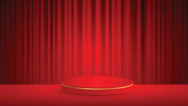 Vector illustration of Abstract vector rendering 3d shape for placing the product with copy space. red podium with gold borders on the red floor, behind a red curtain. Vector illustration