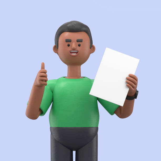 istock 3D illustration of handsome afro man David standing with test exam results ,education test, questionnaire document showing thumbs up. 3D rendering on blue background. 1427256077