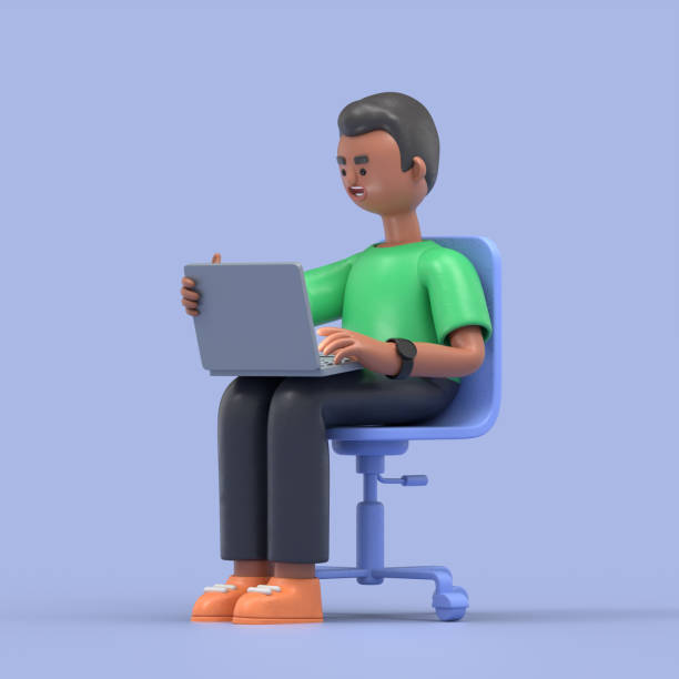 istock 3D illustration of handsome afro man David work with laptop on office chair. 3D rendering on white background. 1427256107