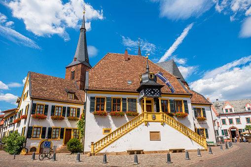 scenic  view to old town church St. Martin in Eltville, Germany