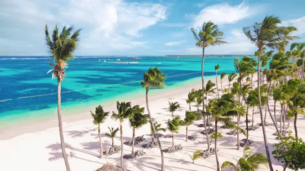 Photo of beautiful aerial of an exotic caribbean beach in Punta Cana, Bavaria Beach, Dominican Republic