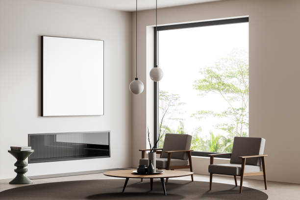 istock Light chill interior with chairs near panoramic window. Mockup frame 1427261038