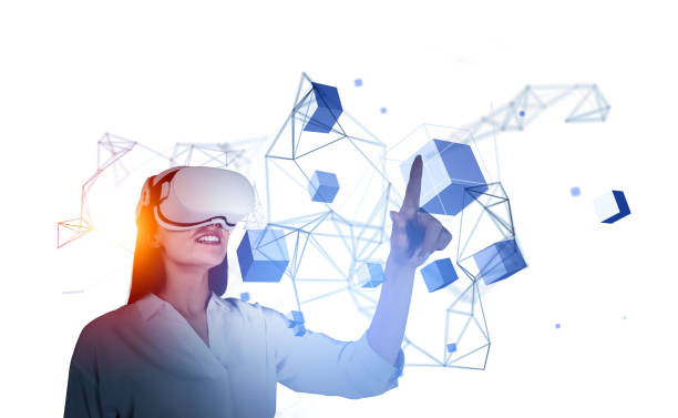 istock Businesswoman in vr glasses finger touch data blocks in cyberspace 1427261171