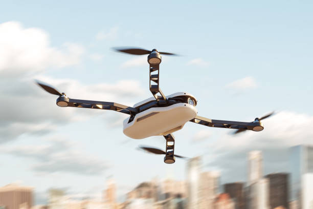 istock Delivery copter in a big city, modern bot for delivery 1427261345