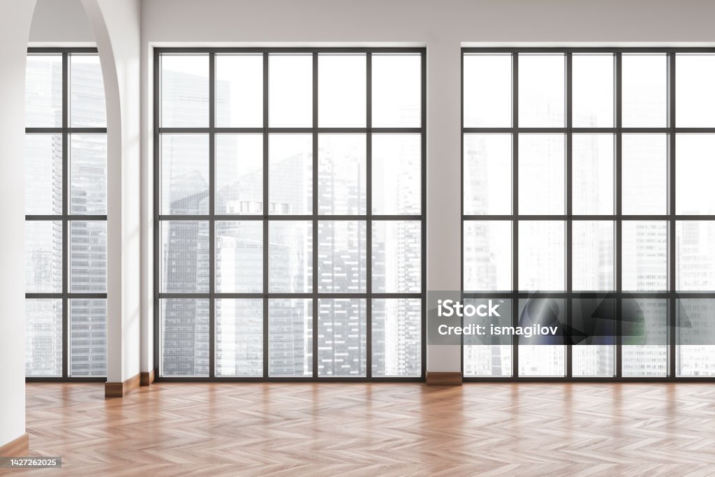 Empty Hall Windows Light Empty Hall With Panoramic Window On City View Stock Photo ...