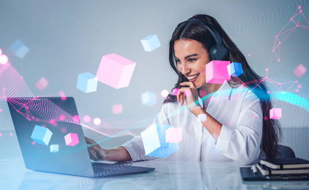 istock Businesswoman working with laptop, data blocks in cyberspace, metaverse 1427262940