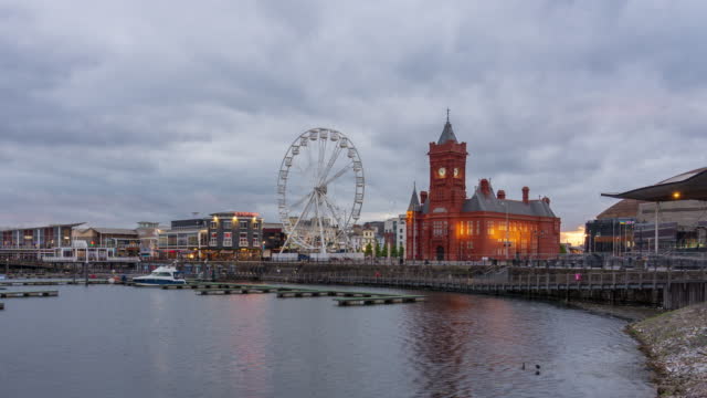 Panoramic scene of Cardiff bay and skyline at dusk, Cardiff, Wales - 4k time lapse