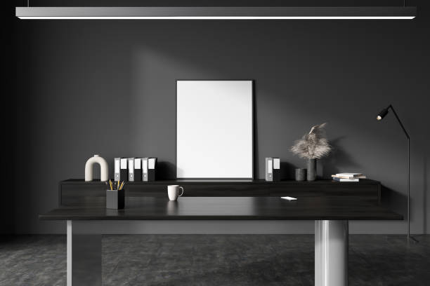 istock Grey business room interior with desk, drawer and documents. Mockup frame 1427263644