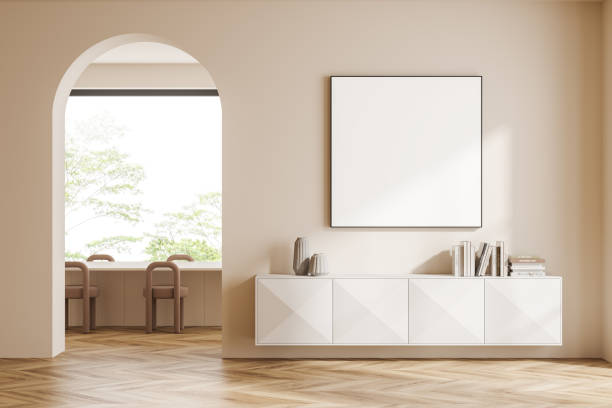 istock Light office interior with table and chairs, drawer and mockup frame 1427263685