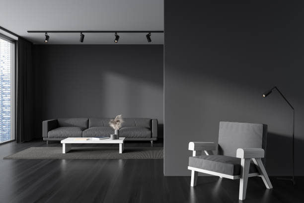 istock Front view on dark living room interior with empty wall 1427263897