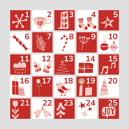 Christmas Advent calendar.  Flat winter illustrations. Red calendar with Christmas symbols and holiday winter illustrations