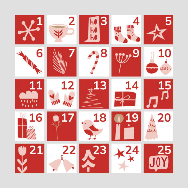 Christmas Advent calendar.  Flat winter illustrations. Red calendar with Christmas symbols and holiday winter illustrations Christmas Advent calendar.  Flat winter illustrations. Red calendar with Christmas symbols and holiday winter illustrations advent calendar stock illustrations
